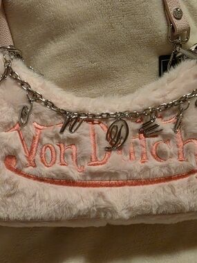 Von Dutch Pink Faux Fur Shoulder Bag with Charm Chain New With Tags